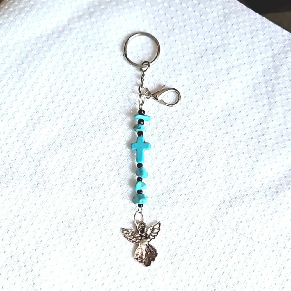 Guardian Silver Angel Charm Turquoise Cross Stone Black Beaded Keychain, Keyring
